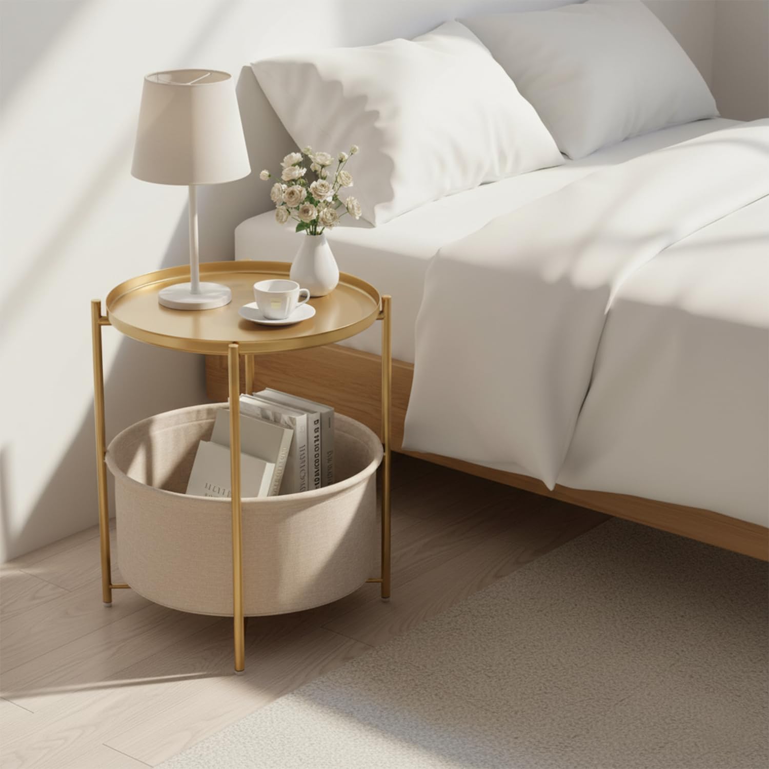 danpinera Table d'appoint Ronde en Métal - Petite Table de Chevet avec Panier de Rangement en Tissu - Plateau pour Salon, Chambre à Coucher, Chambre d'enfant, Linge - Doré