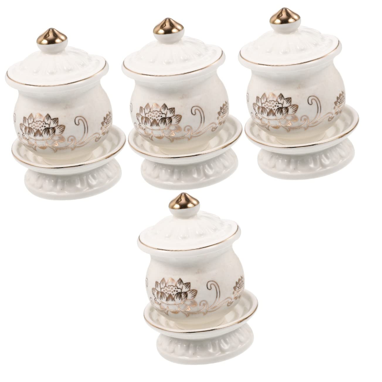 NUOBESTY 4-Piece Buddhist Offering Set - Ceramic Tea Cup & Water Container with Lid - Holy Lotus & Church Lotus Design - Miniature Ornaments & Sacrificial Bowl