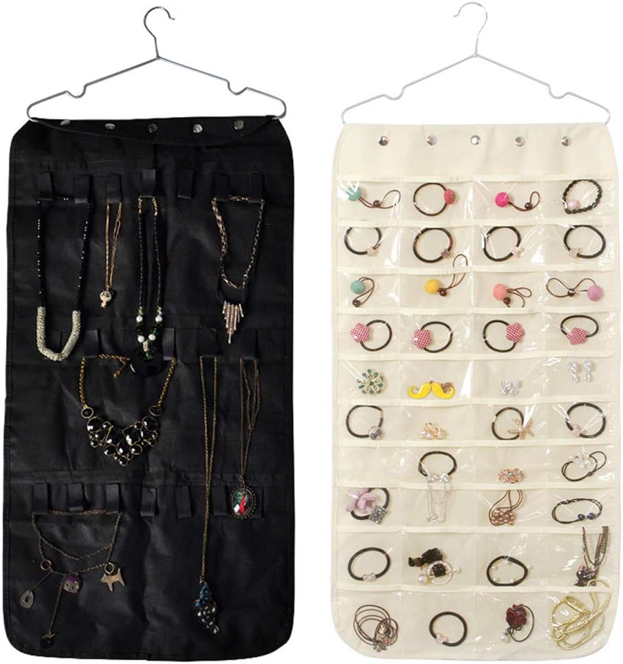 Miro Kur Jewellery Hanging Organiser Double Sided 40 Pockets & 20 Magic Tape Hook Storage Bag Closet Storage for Earrings Necklace Bracelet Ring Display Bag Accessories Holder Wardrobe Storage
