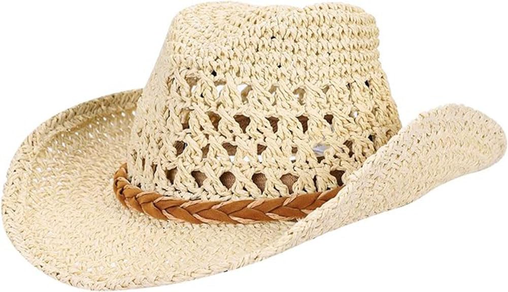 Straw Cowboy Cowgirl Hat for Men Women Classic Wide Brim Western Straw Hat Fedora Panama Hat with Chin Strap Summer Sun Hat Beige