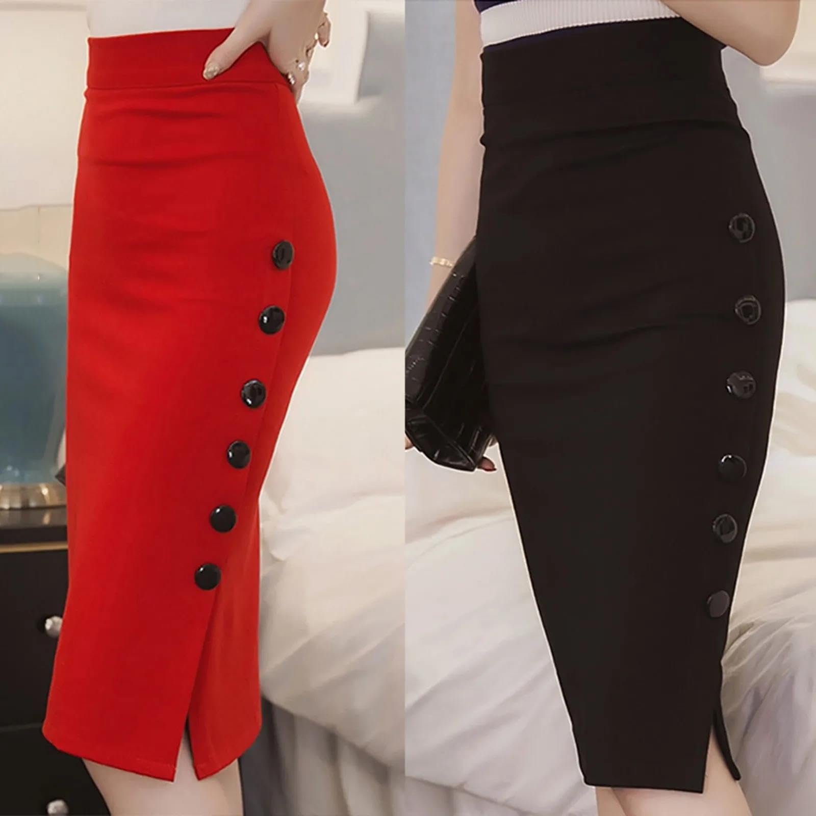 Eleganter Vintage-Büro-Damenrock, schmale Röcke, hohe Taille, Knöpfe, Schlitz, Bleistiftröcke, Stretch-Midi-Röcke