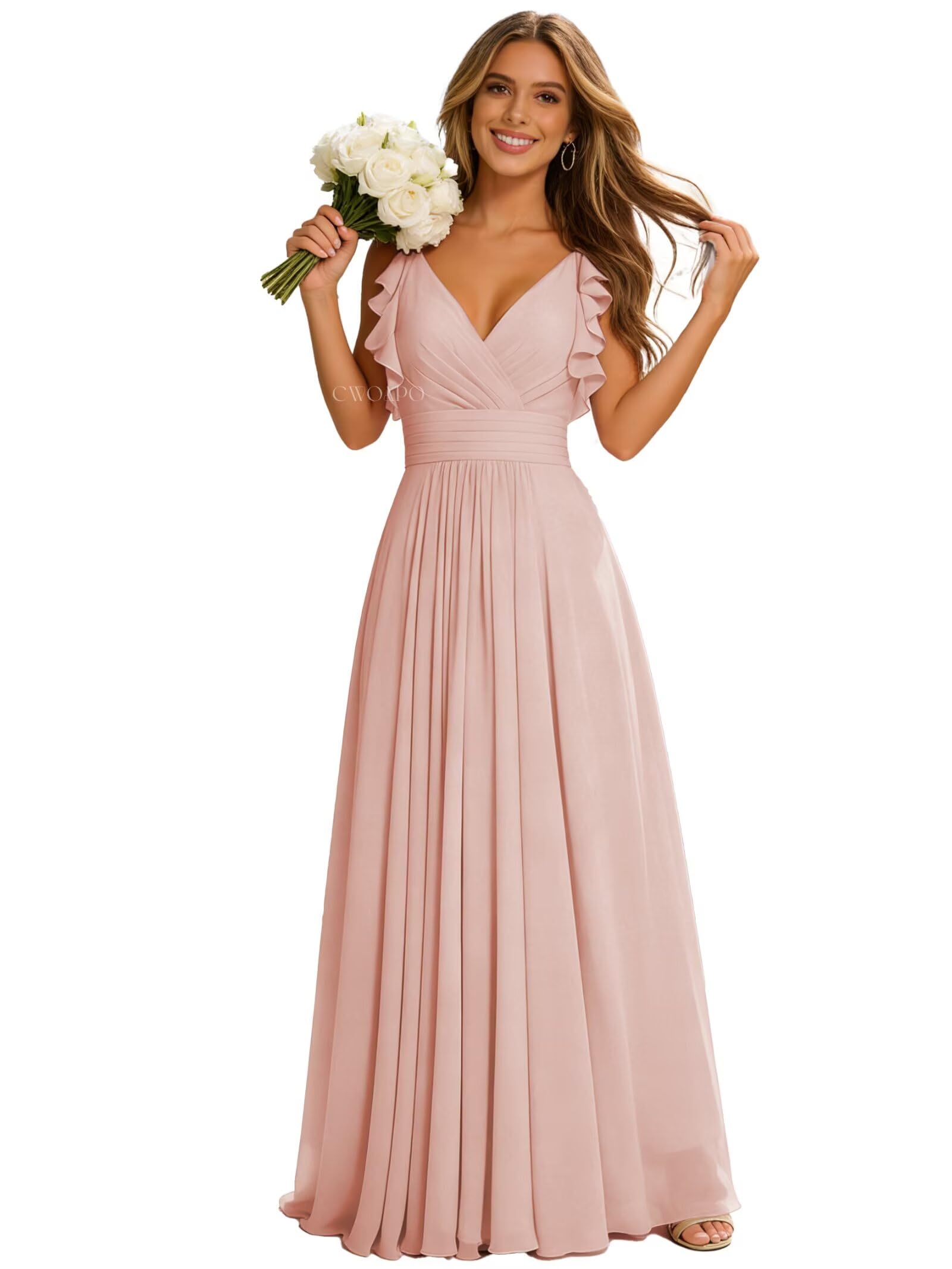 V Neck Bridesmaid Dresses for Wedding 2024 Long Chiffon Formal Dress A Line Evening Gowns with Ruffle Sleeves