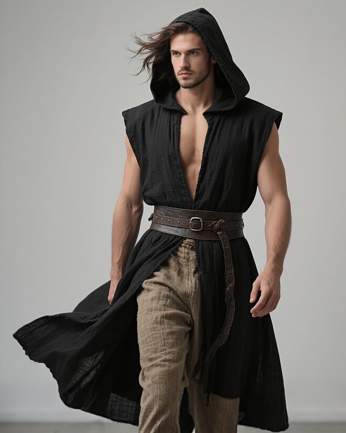 L'VOW Men's Medieval Hooded Surcoat Renaissance Tabard Sleeveless Tunic Cloak Viking Costume Holloween Assassin Cosplay - Image 3