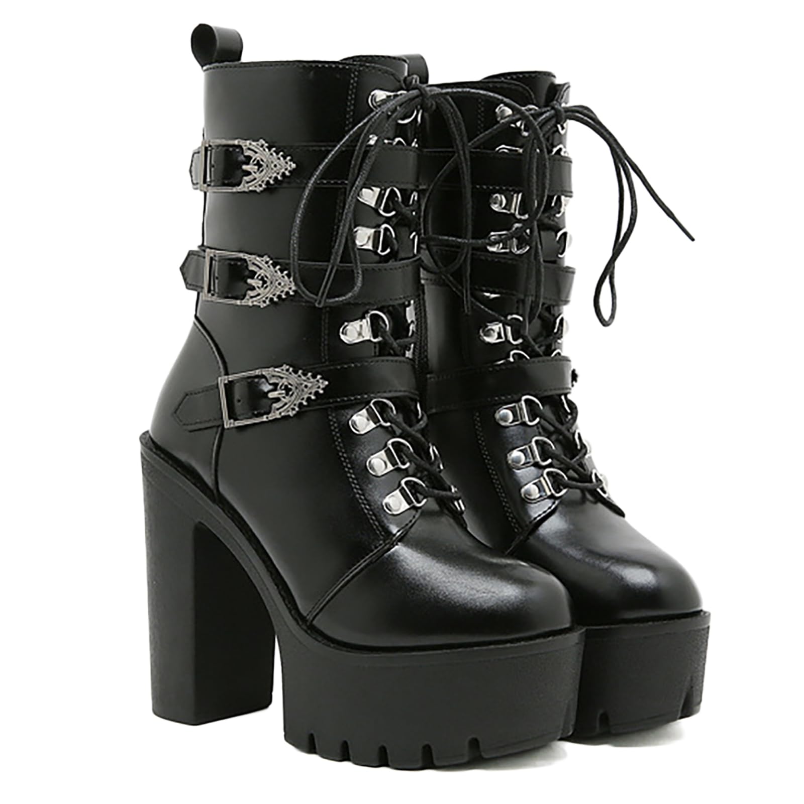 Womens Leather Goth Chunky High Heel Ankle Boots with Mulit Metal Buckle Fall Winter Comfort Lace Up Non