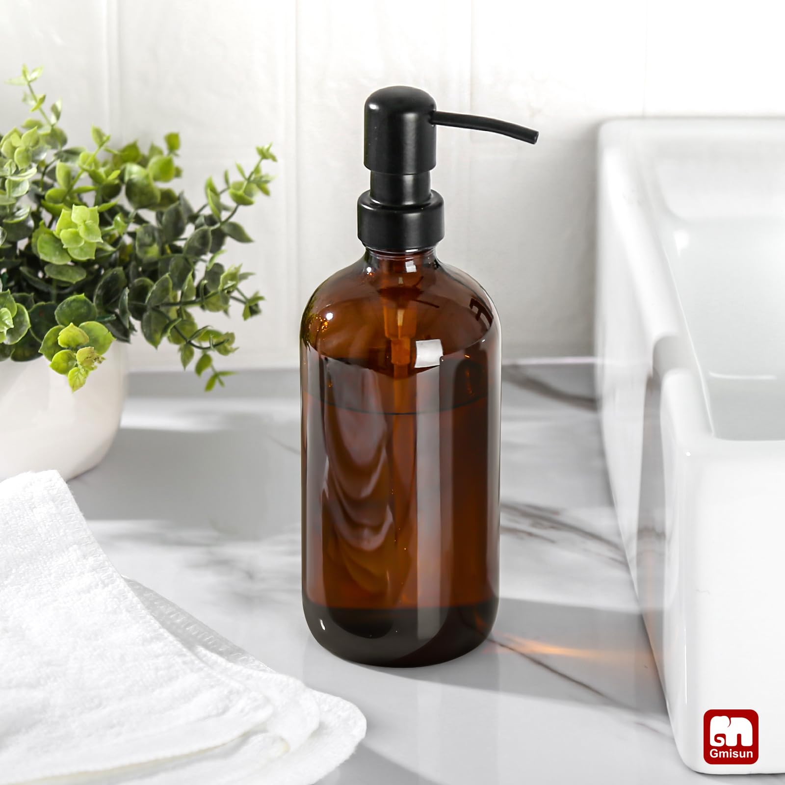 GMISUN Dispensador de jabón de vidrio ámbar, 1 paquete de dispensador de jabón para platos para cocina con bomba de acero inoxidable a prueba de óxido, dispensador de jabón de manos de baño de 16