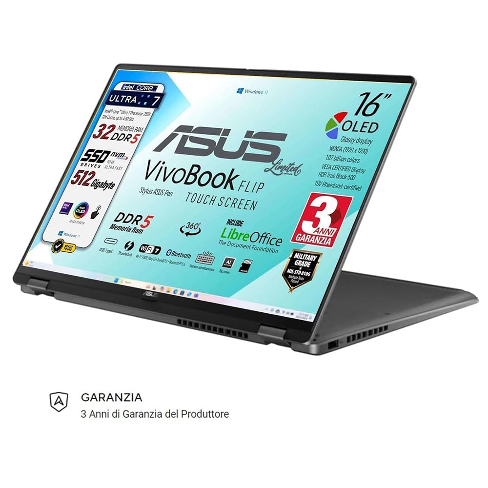 ASUS Vivobook 16 Flip OLED Touch 16", Ultra 7 258V, 32 Gb, Ready to use | Intel AI Boost NPU, Ram 32GB DDR5 8533MHz, Display OLED Touch screen, SSD 512GB, Win11, Tastiera Retroilluminata + Stylus Pen