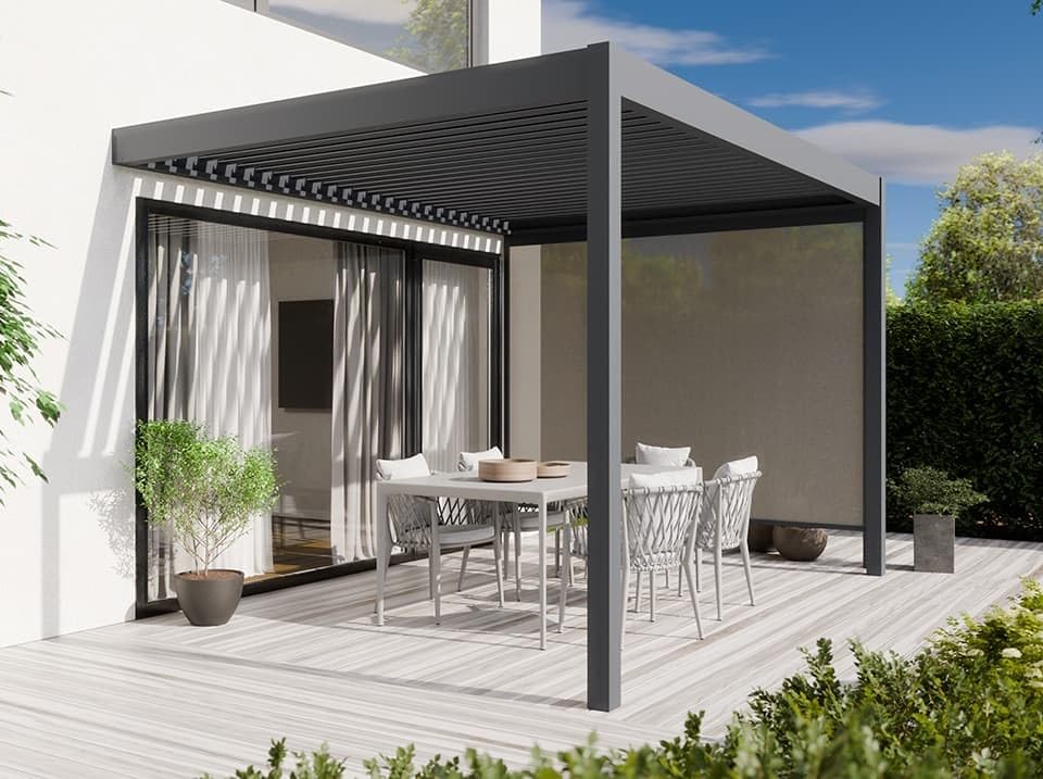 Direct ABRIS Pergola Bioclimatique Aluminium Adossee 12m² - 3x4m - Store Lateral Inclus - 29 Lames en Acier Galvanisé Inclinables a 90° - Tonnelle