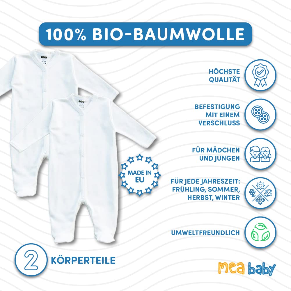 MEA BABY śpioszki niemowlęce unisex wykonane ze 100% bawełny organicznej, pakowane po 2 sztuki. Białe (kremowe) piżamy, chłopięce piżamy, dziewczęce piżamy (68)