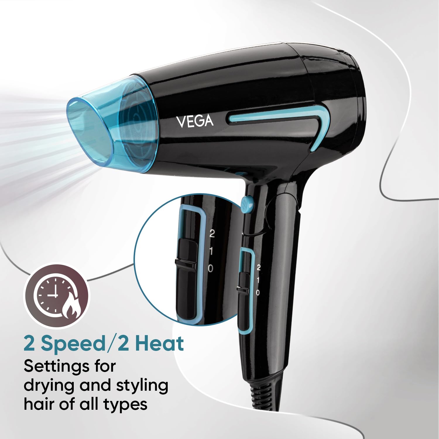 VEGA U Style 1400-1600W Foldable Hair Dryer for Women & Men with Cool Shot Button, 2 Speed/Heat Settings, Detachable Nozzle, Blow Dryer, 16 Amp Plug Fast Hair Drying, 2 Yrs Warranty (VHDH-24) 2