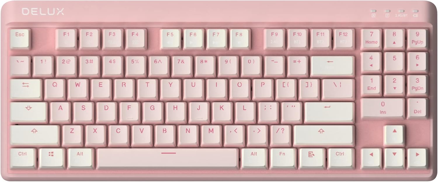 DELUX 80% Teclado Mecánico Inalámbrico con Retroiluminación RGB, Intercambiable en Caliente, Teclado Gamimg Bluetooth con 89 Teclas, Interruptores Amarillos (KM18-Rosa)