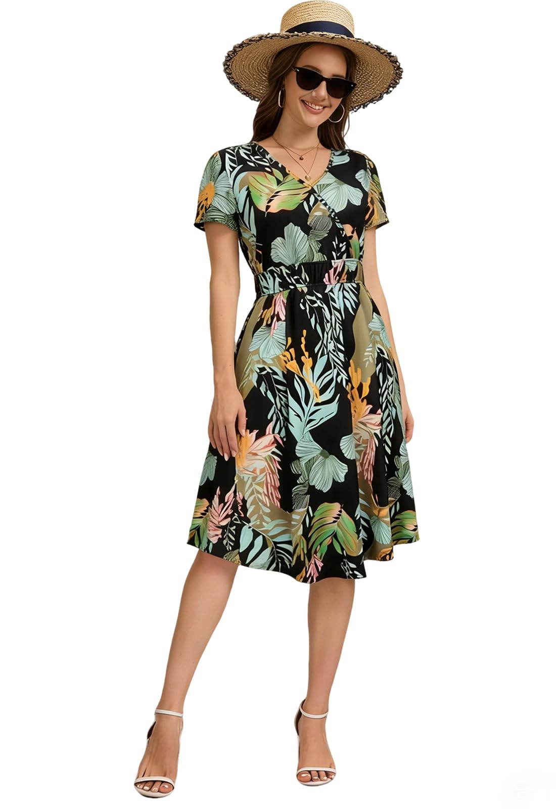 JayscreateEU Robe d'été pour femme - Robe portefeuille - Robe de fête élégante - Manches courtes - Col en V - Longueur genou - Mini robe de plage - Robe crayon festive - Robe moulante