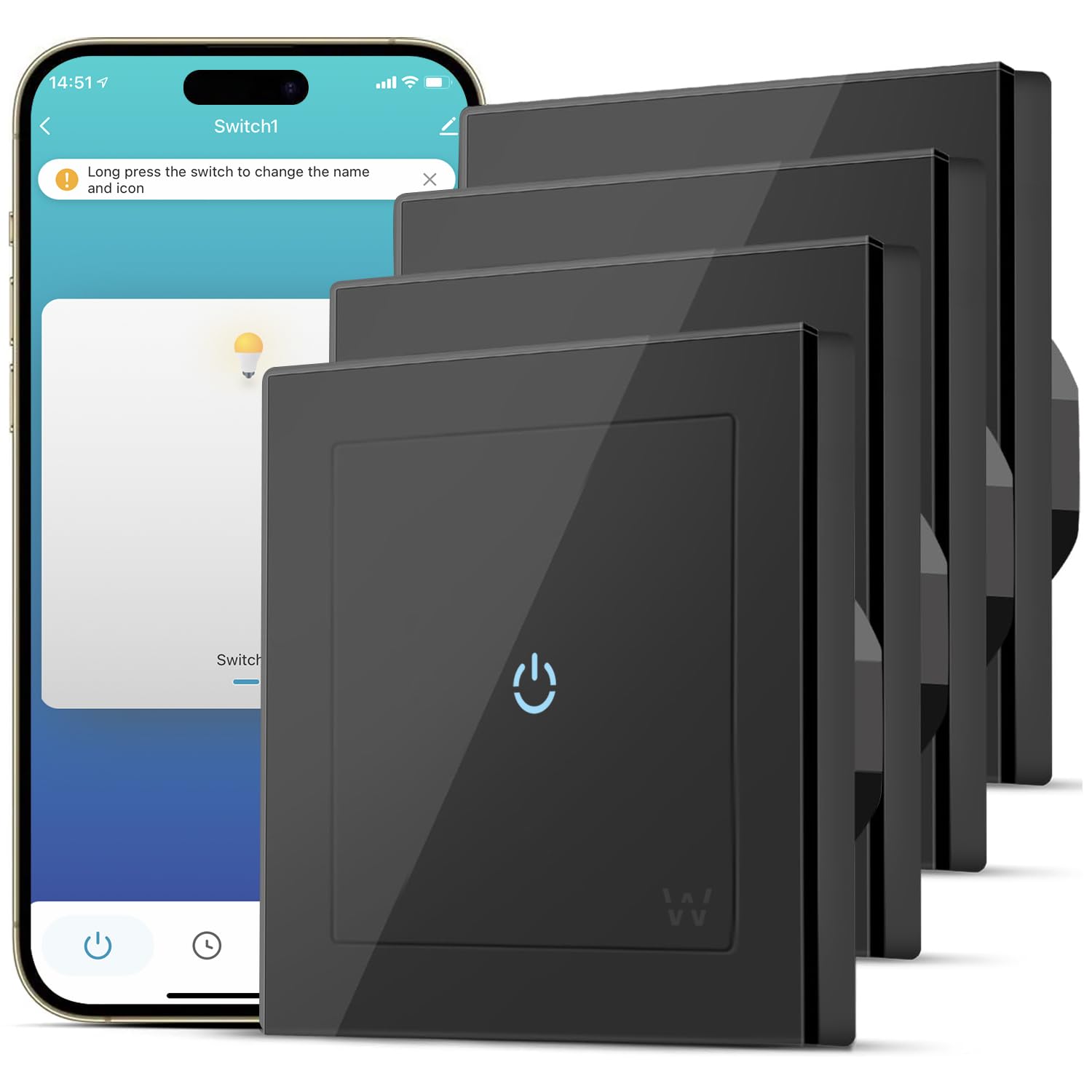 SMARTERCURRY Lot de 4 interrupteurs Wi-Fi intelligents - 1 voie - Pour Alexa et smartphone - En verre trempé - Fonction de minuterie - Noir