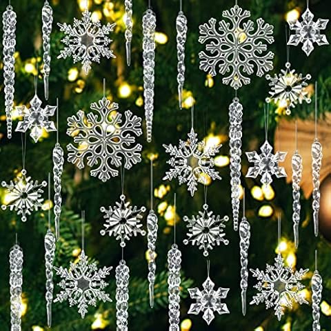 FOIMAS 48pcs Christmas Snowflake Icicle Ornament,Large Acrylic Icicle Snowflake Drop Hanging Ornaments with Silver String for Christmas Tree Home Decoration Cover