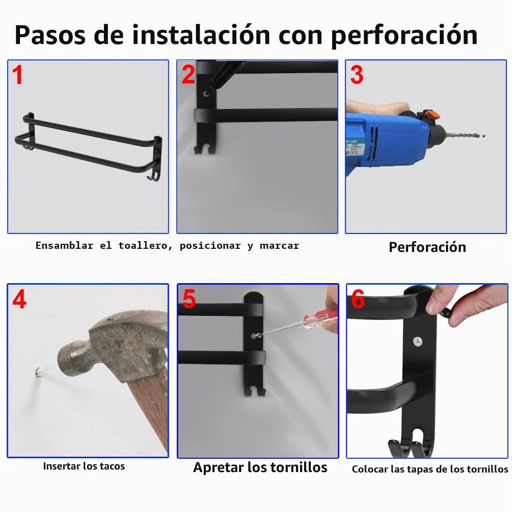 Estante de Toallas Toallero Pared Toalleros de Baño Aluminio Toallero con Ganchos, Barra de Toalla para Hogar y Hotel (Negro, 2-Tier 50CM)