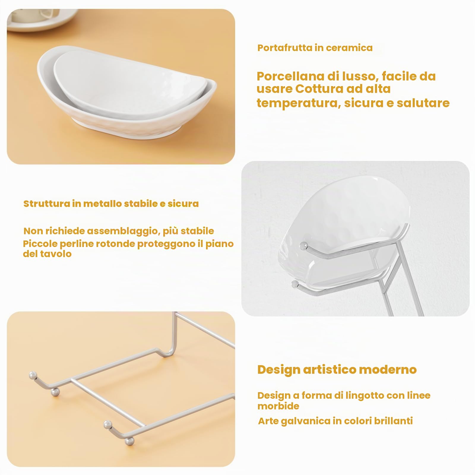 Ciotola per frutta, cesto di frutta in ceramica a 3 livelli, supporto da portata con ripiano in metallo, ciotole da cucina in porcellana per frutta, verdura, snack, noci, dessert, torta,