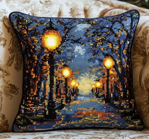 FanZheZhe 11CT Stamped Embroidery Pillowcases,Streetlight Scenery Cross Stitch Cushion Cover,Embroidery Kit,Needlepoint Kits for Adults Beginners,45x45cm