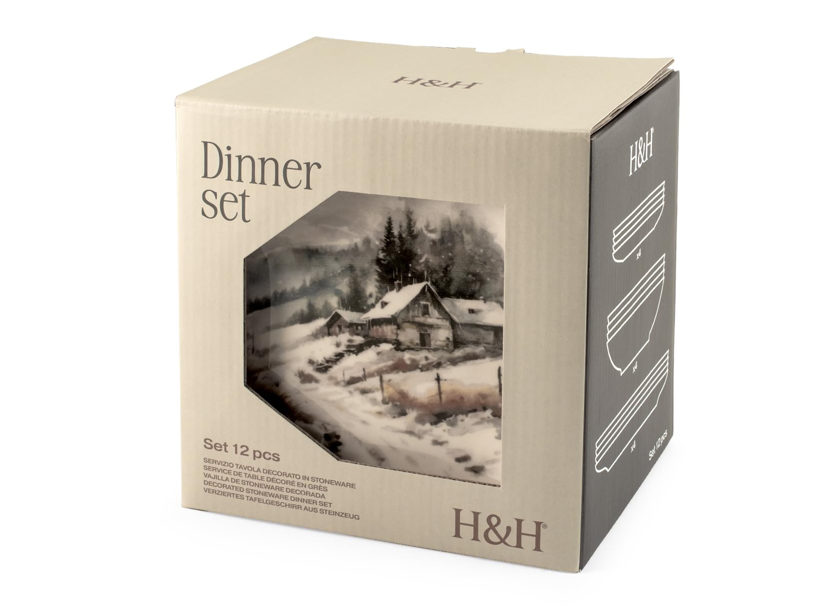 H&H Silent Snow Weihnachts-Steingut-Speiseservice, 12-teilig
