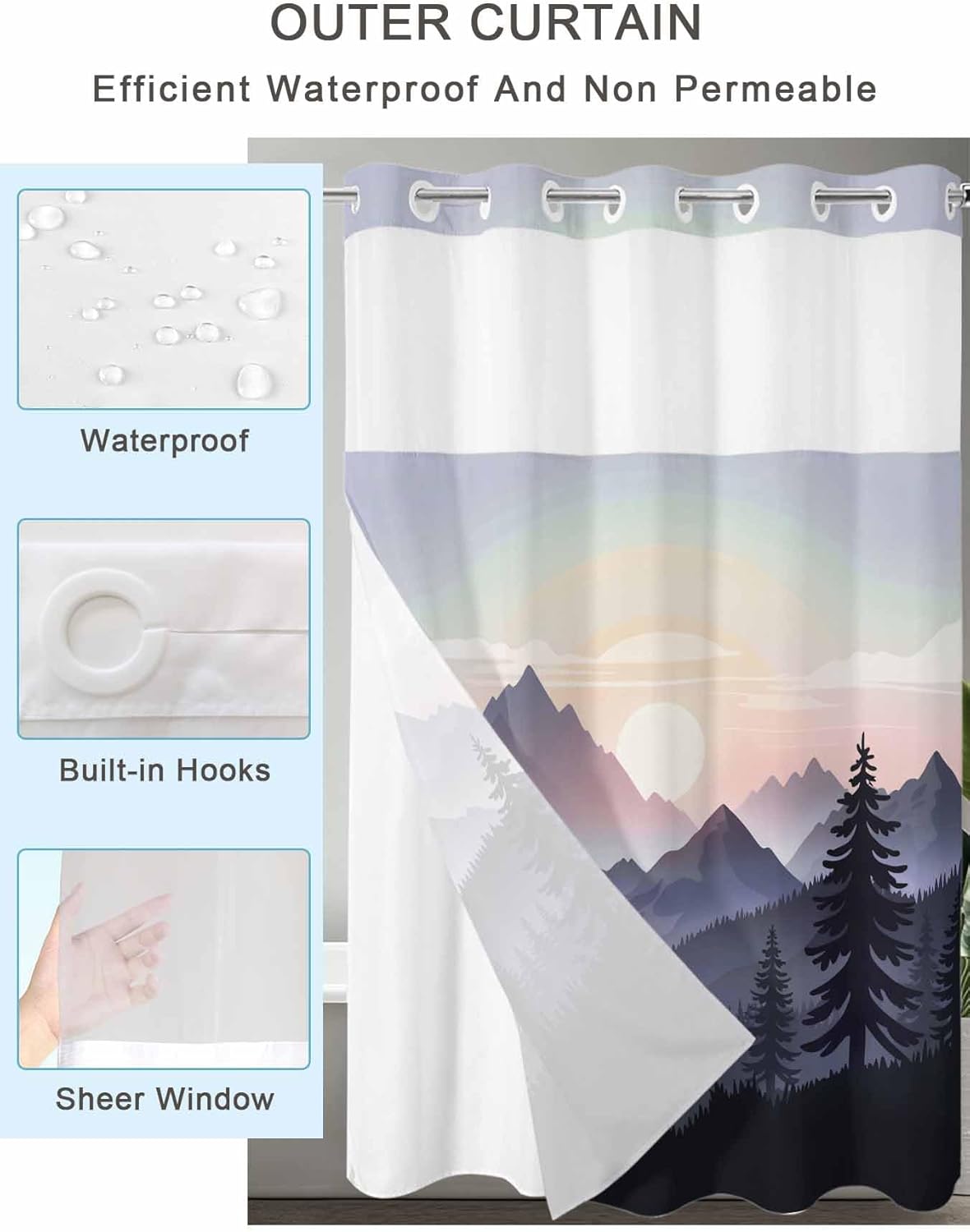 Prime Leader Sunrise Mountain No Hook Shower Curtain with Snap in Liner Black Forest Tree Nature Landscape Shower Curtain for Bathroom, Fabric Waterproof Inner Liner with Mesh Top Window, 36x72