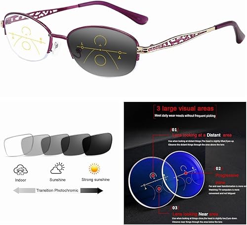 Miniatura 2 de EFLAL Multifocal Progressive Mujeres Oval Grabado Metal UV400 Varifocal Transición Fotocrómica Vidrio de Lectura +1.0 +3.0