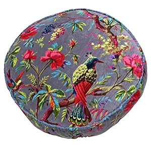Rundes Samt-Kissen mit buntem Vogel Blumen-Motiv, 50cm | Geschenk-Kissen