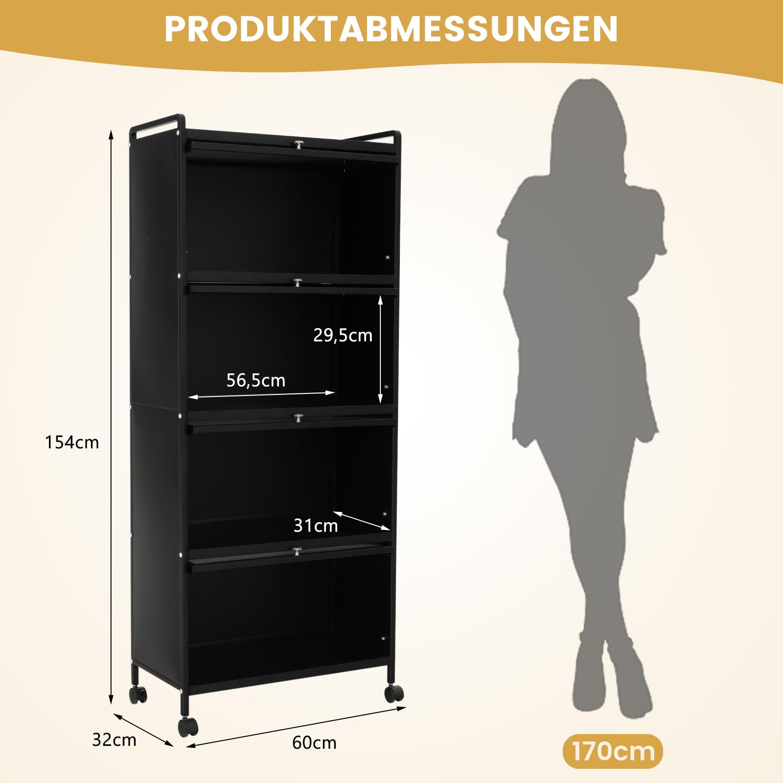 COSTWAY Szafka kuchenna, wysoka, regał kuchenny z kółkami, 5 poziomów, stojak na kuchenkę mikrofalową ze składanymi drzwiami z PC i zabezpieczeniem przed przewróceniem, wysoka szafka do kuchni