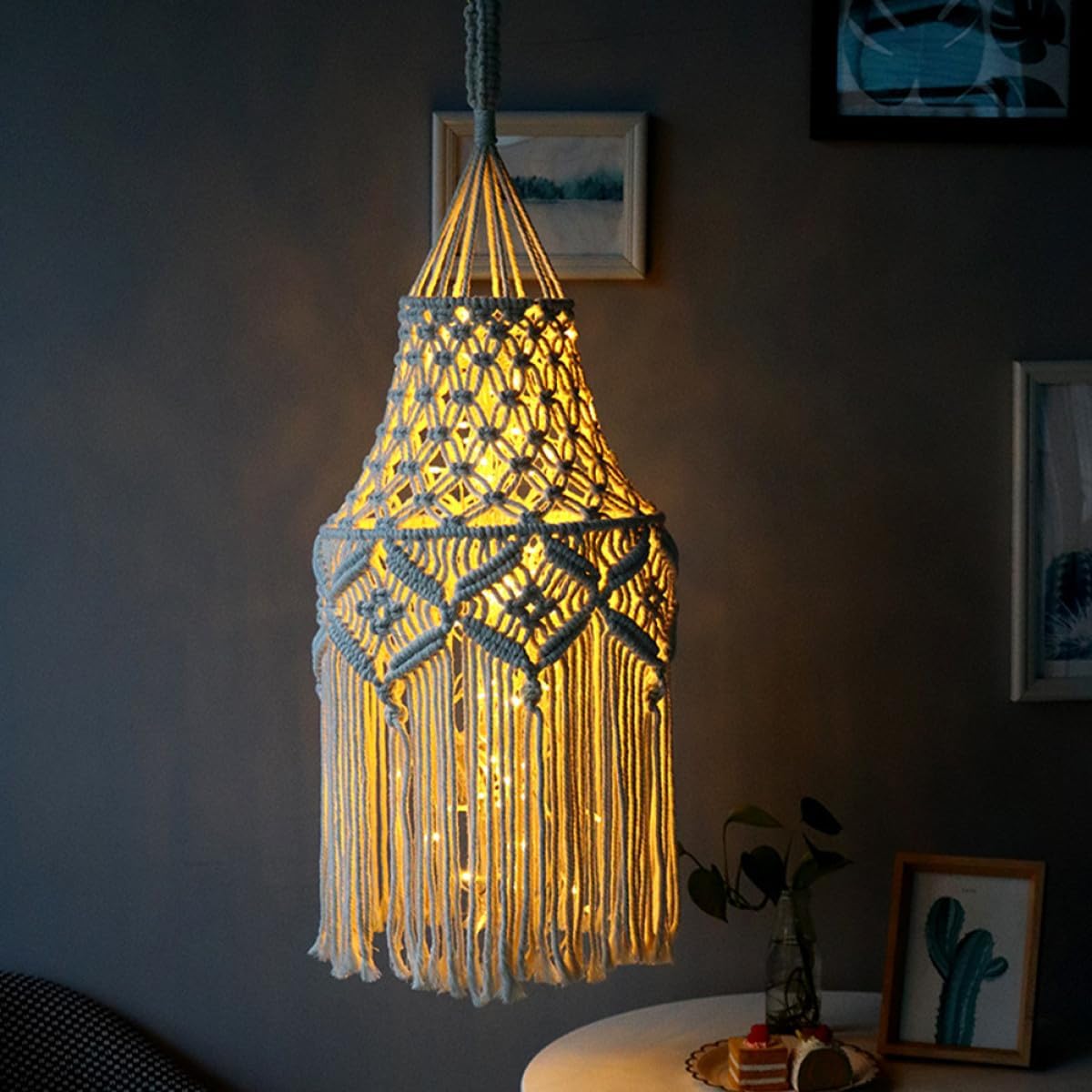 Bohemian Macrame Lamp Shade with Tassel Woven Cotton Rope Hanging Ceiling Lamp Cover for Bedroom and Indoor Lighting