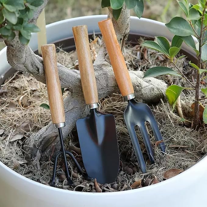 Image of Leafly Garden Hand Tools, 3-Piece Steel Gardening Tool Set Includes Hand Shovel, Hand Rake and Cultivator with Wooden Handle Suitable for Potted Plants,Ideal Garden Tool (Big)