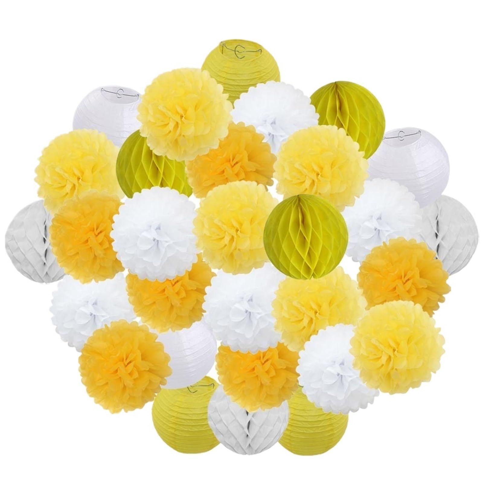 30 piezas de decoración navideña for festivales, farolillos de papel azul y blanco de 15, 20, 25 y 30 cm, for fiestas de cumpleaños, pompones colgantes(Yellow Set,S-8inch(20cm))