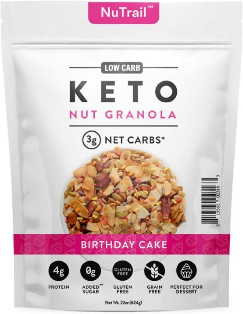 NuTrail Family Size (22 oz.) Keto Birthday Cake Nut Granola Healthy Breakfast Low Carb Cereal Snacks & Food | Only 3g Net Carbs | No Added Sugar | Grain Free | Gluten Free