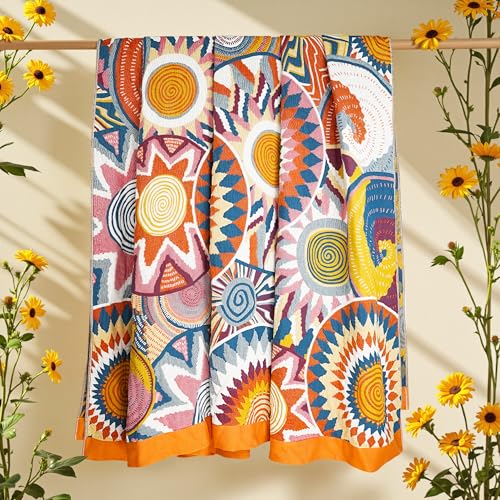Image of VANJOROY Boho Throw Blanket, 100% Organic Muslin Cotton Skin-Friendly Breathable Ultra Soft Bed Quilt Throw - All Season Decor Colorful Blanket for Sofa Couch Chair and Gift. 91 inch x 108 inch