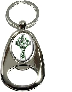 GRAPHICS & MORE Celtic Christian Cross - Irish Ireland Scotland Scottish - Green White - Chrome Plated Metal Spinning Oval Design Bottle Opener Keychain Key Ring