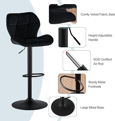 Miniatura 5 de TUKAILAi Juego de 2 taburetes de bar de terciopelo ajustables en altura para desayuno, sillas tapizadas para mostrador de isla de salón, taburetes