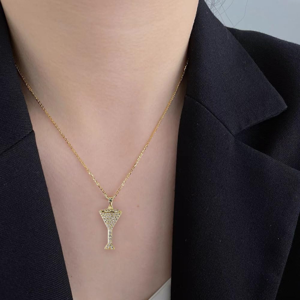 Sparkly Wine Glass Cubic Zirconia Pendant Dainty Necklace for Women Fashion Charming Crystal Martini Cup Charm Clavicle Choker Minimalist Adjustable Link Chain Cheers Cocktail Party Jewelry - Image 2