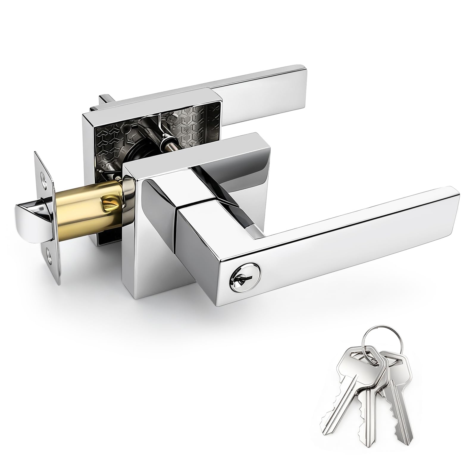 Brotima Polished Chrome Entry Door Lever,Modern Square Keyed Entry Door Handle with Adjustable Latch (60/70mm Backset),Stainless Steel Exterior Entrance Door Handles for Front Doors & Home Entry