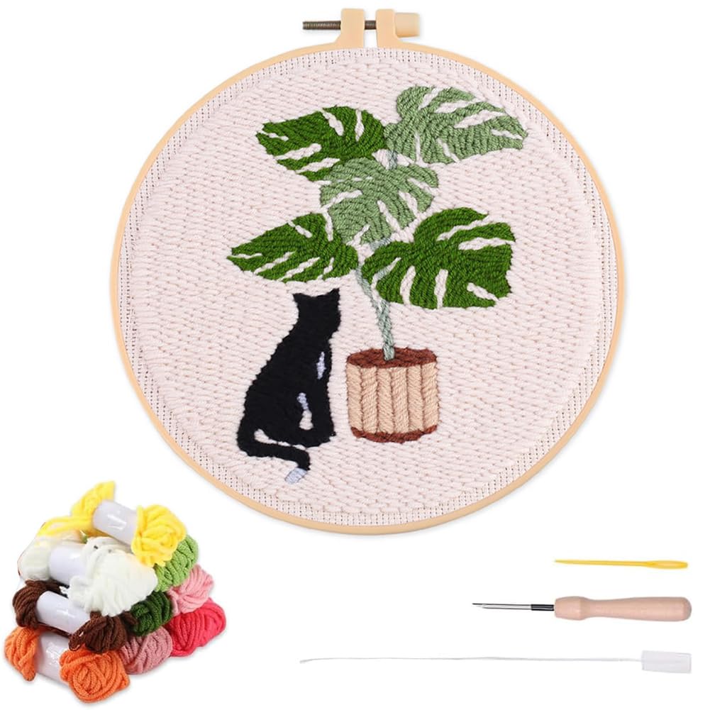 YEESAM ART Punch Needle Kit with Black Cat and Potted Plant Patterns, Full Set DIY Punch Needle Embroidery Set with Hoop Tool, Easy Craft for Adults Beginners
