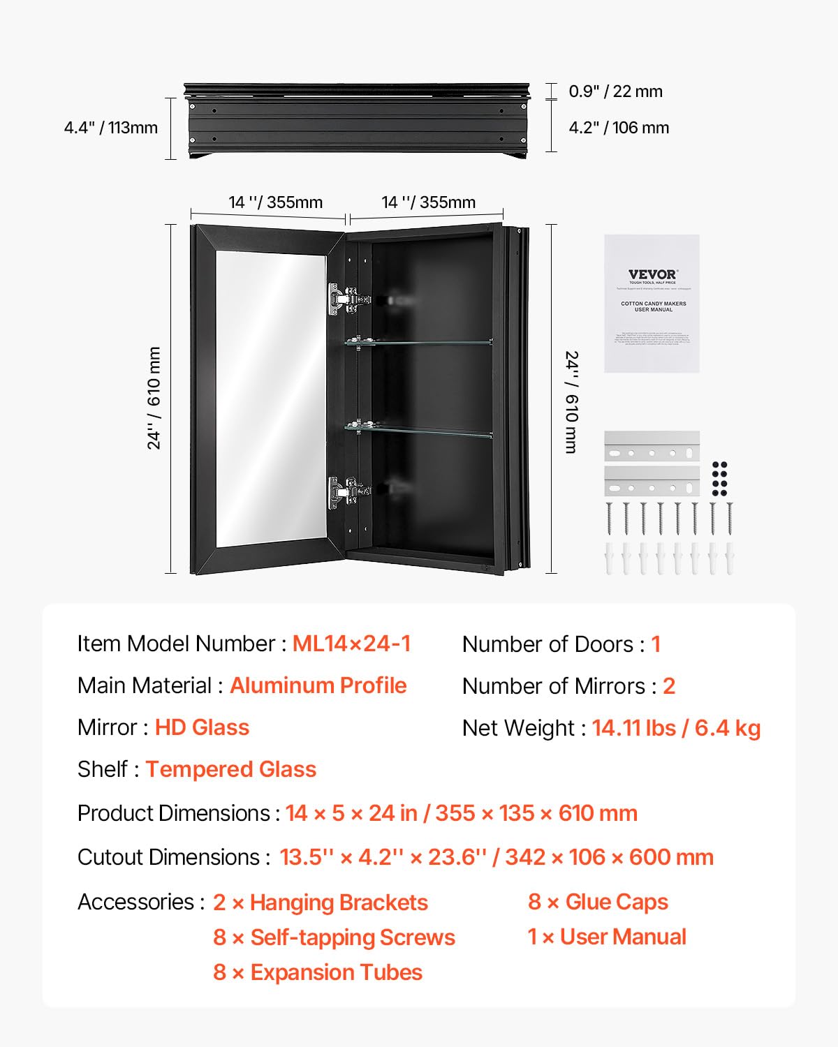 VEVOR Botiquín con Espejo para Baño con Puerta de Espejo y Estantes de Vidrio Ajustables, Instalación Empotrada y Montada en Pared, Aluminio, Organizador de Almacenamiento, 355 x 135 x 610 mm