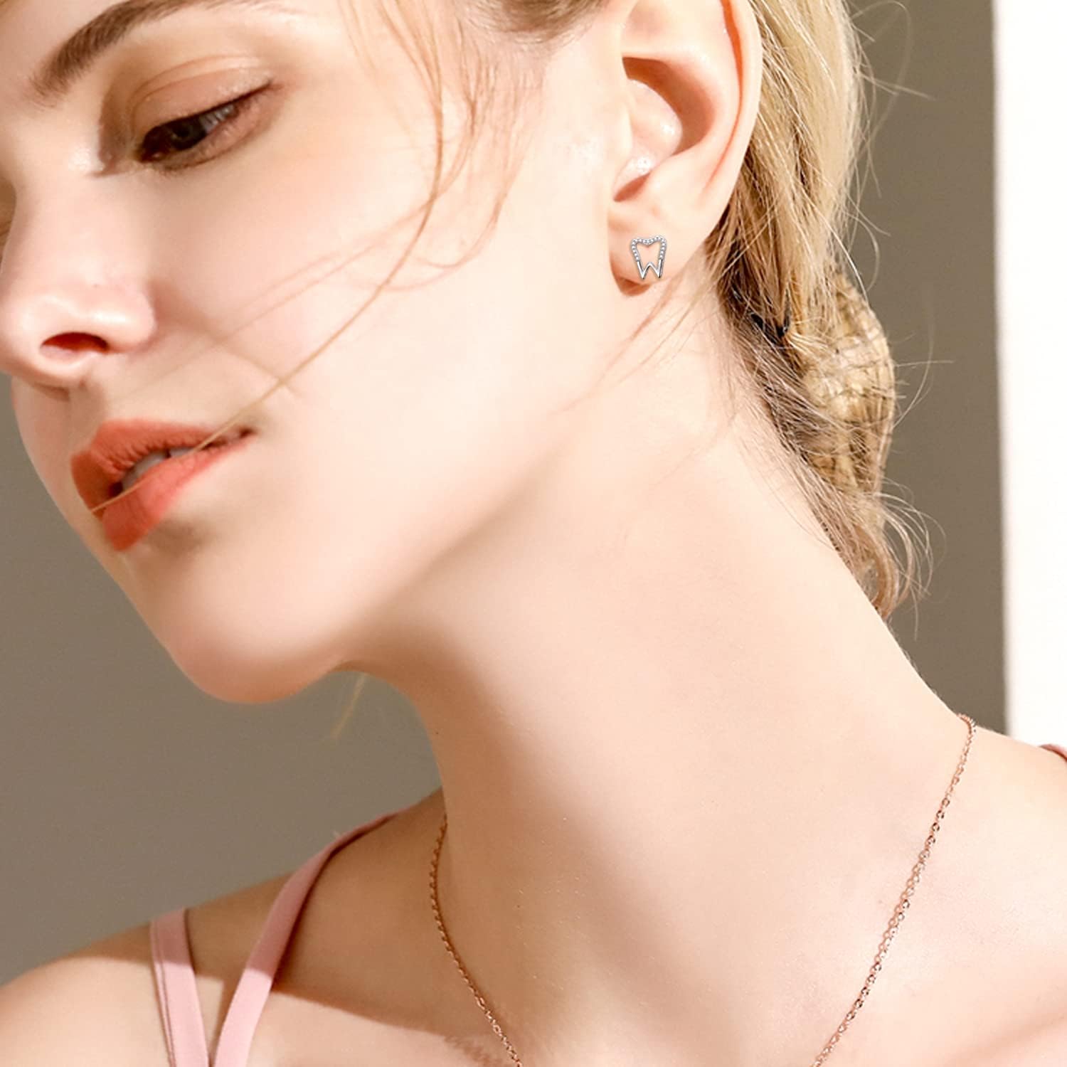 Yearace Tooth Jewelry Set 925 Sterling Silver Dainty Tooth Stud Earrings and Necklace Dental Jewelry Gifts for Women