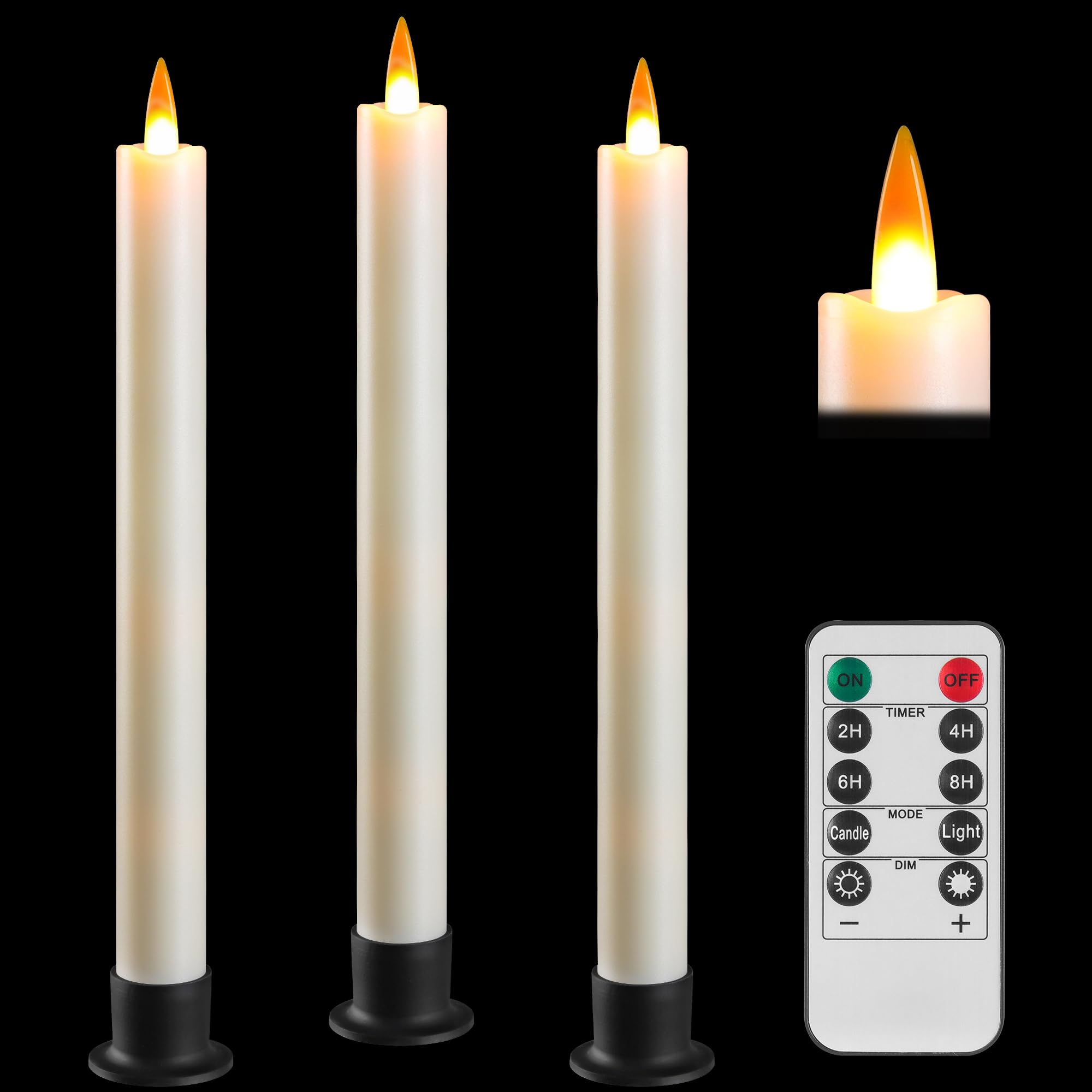 Da by3 LED Flameless Table Candles with Remote Timer, 9.6 Inch Ivory Candle Holder, Battery Powered 3D Flickering False Flame Window Candle, Free 3 Black Bases