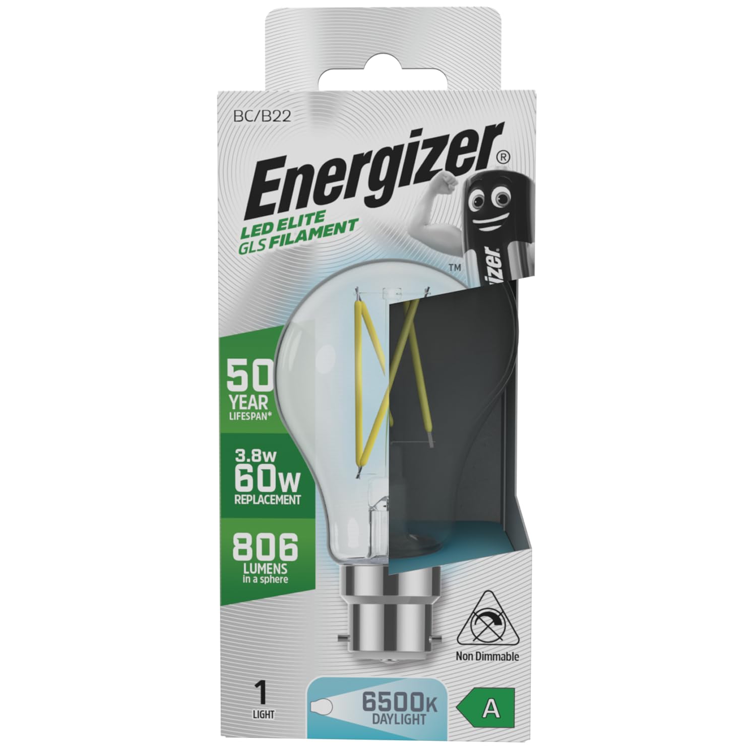 Energizer A Rated LED Elite GLS B22 Filament 806lm 3.8W 6500K - Daylight Light Bulb
