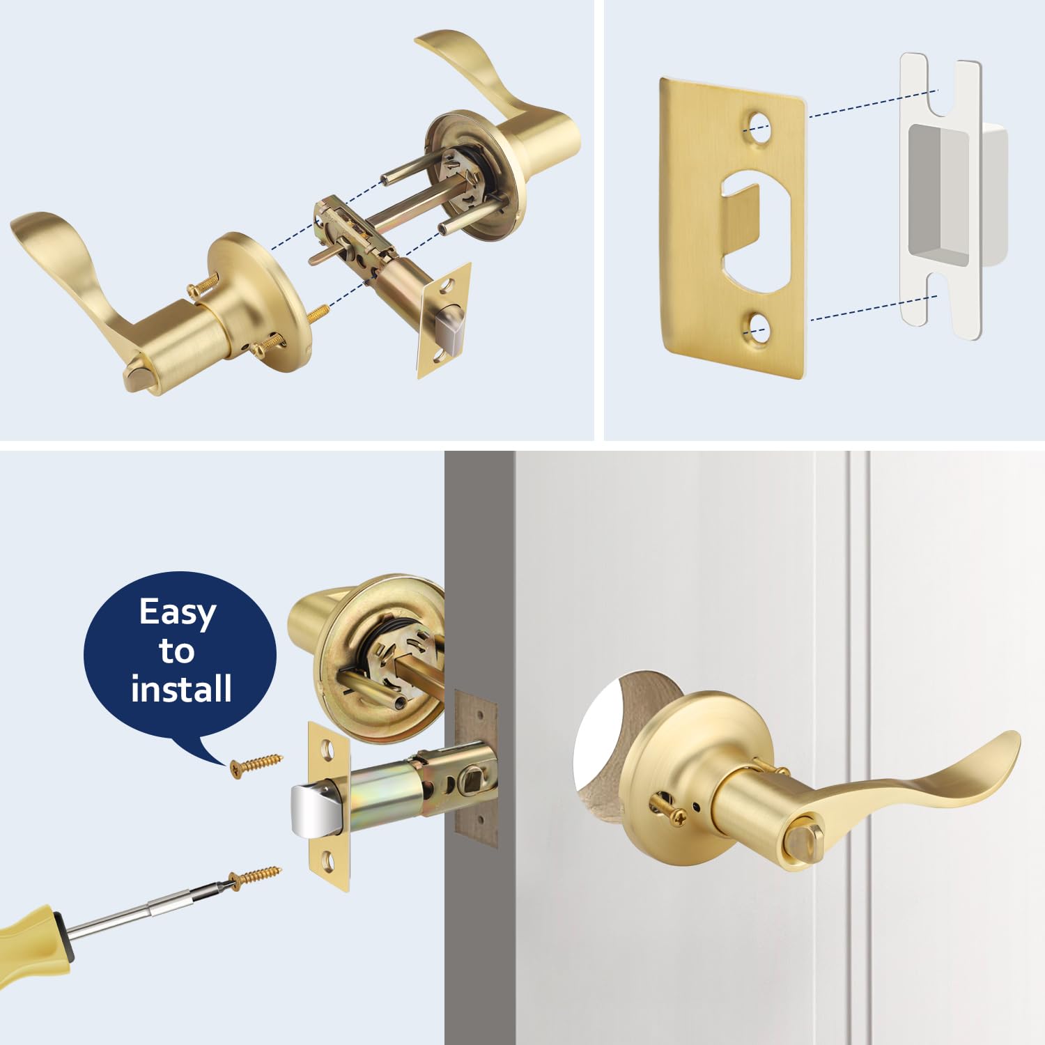 1 paquete de manijas de puerta doradas, palanca de puerta de privacidad | Uso para dormitorio, baño, palanca de puerta interior sin llave con acabado de latón satinado, para diestros
