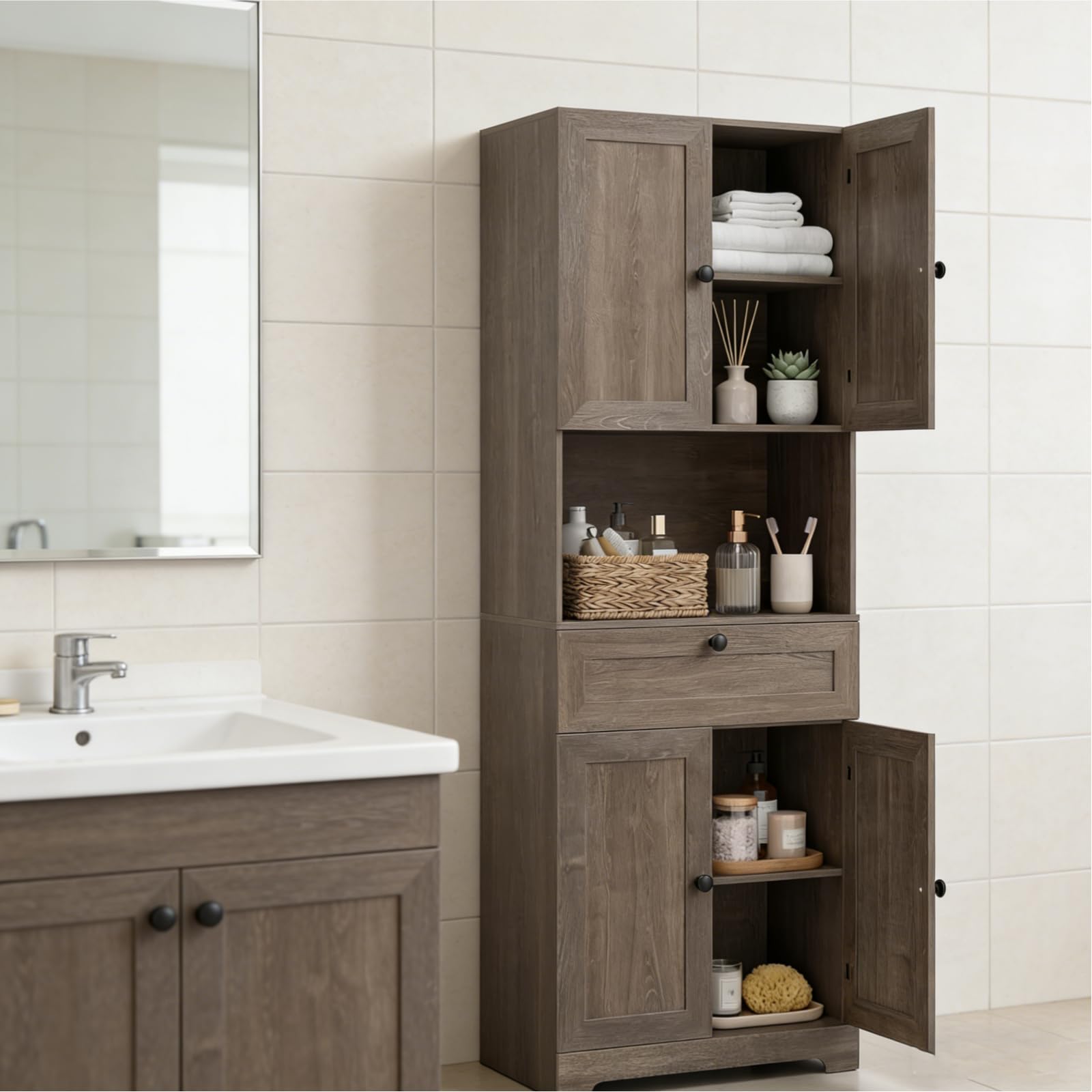 LIFEZEAL Armoire de Salle de Bain Haute, Meuble de Rangement 3 Niveaux en Bois avec 4 Portes, 1 Tiroir, Compartiment Ouvert, Étagère Réglable, Armoire Moderne pour Salle de Bain, Cuisine (Brun Clair)