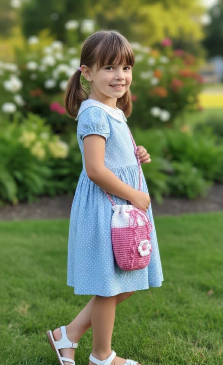 Handmade Crochet Crossbody Drawstring Bag for Girls and Kids, Cotton Knit Bucket Shoulder Tote, Lightweight Summer Market Purse, Colorful Woven Yarn Bag for Everyday Use and Gift