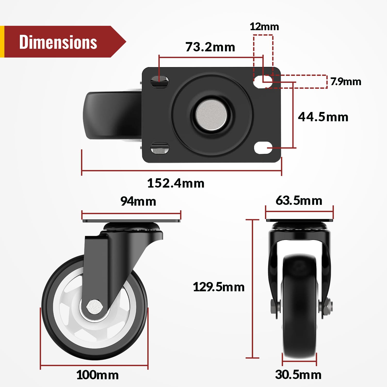 Ruote per Mobili con Freno da 100 mm丨Capacità Totale 1200 kg丨Set di 8 | 2 con Freni e 2 Senza丨Ruote per Carrello丨Rotelline Girevoli丨Include gli accessori per il montaggio