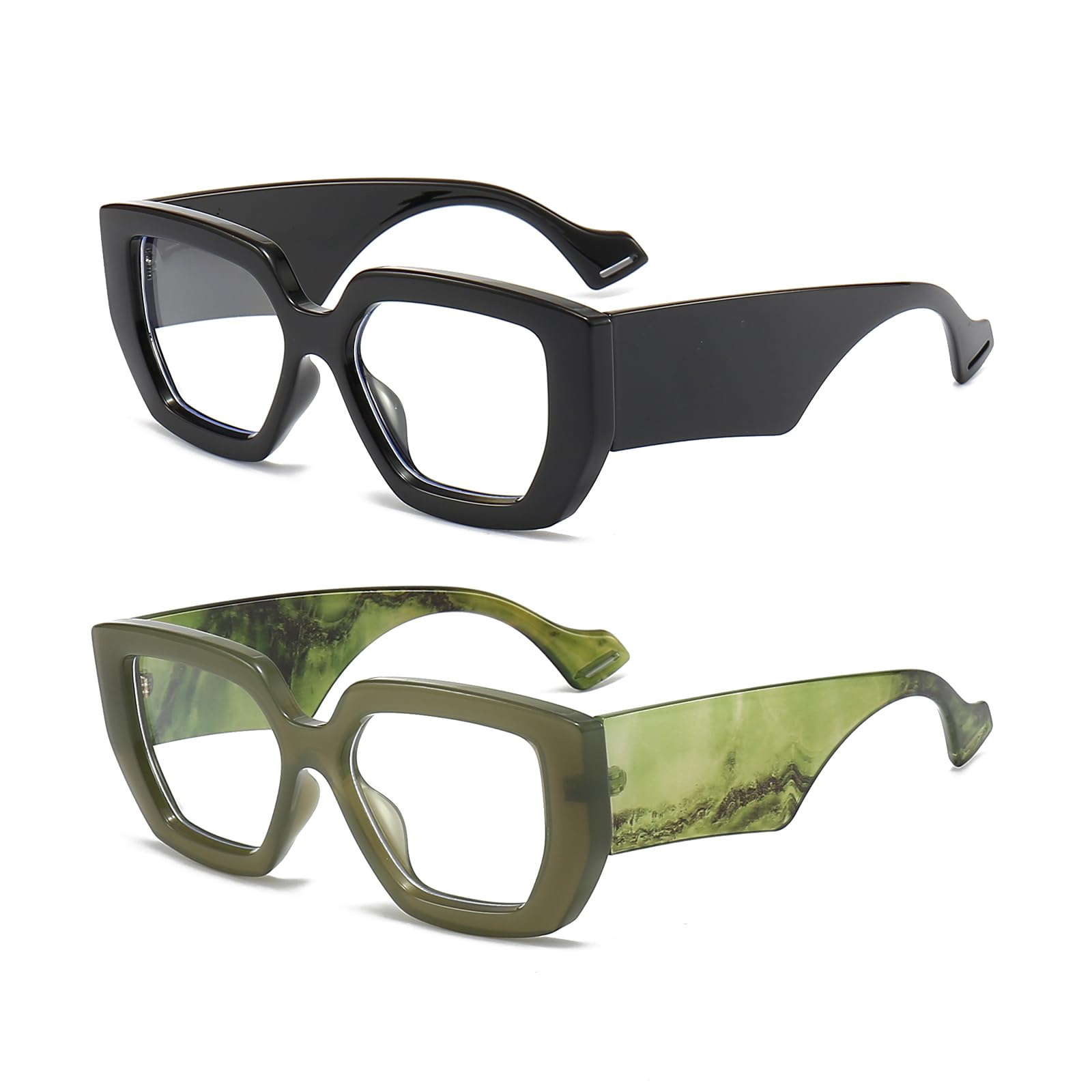 LJCZKA 2 Pair of Oversized Square Blue Light Glasses Womens Mens Thick Frame Computer Glasses Anti Eye-Fatigue for Reading Texting & Gaming
