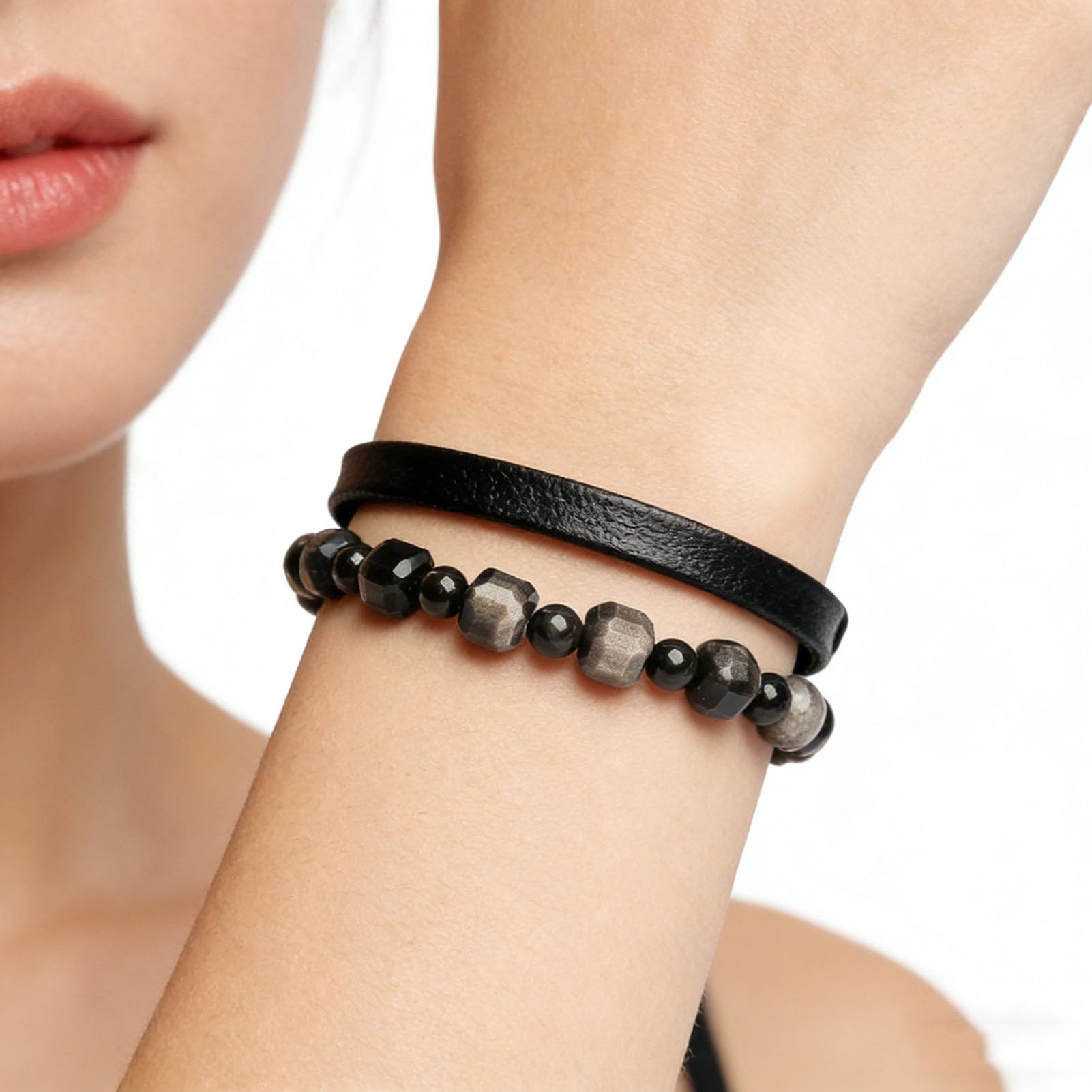 Bracciale Chakra della radice di Ossidiana Nera, Braccialetti Elasticizzati in Vero Vetro vulcanico Bracciale con Pietra di Messa a Terra per la Pulizia della stabilità, Gioielli,9MM