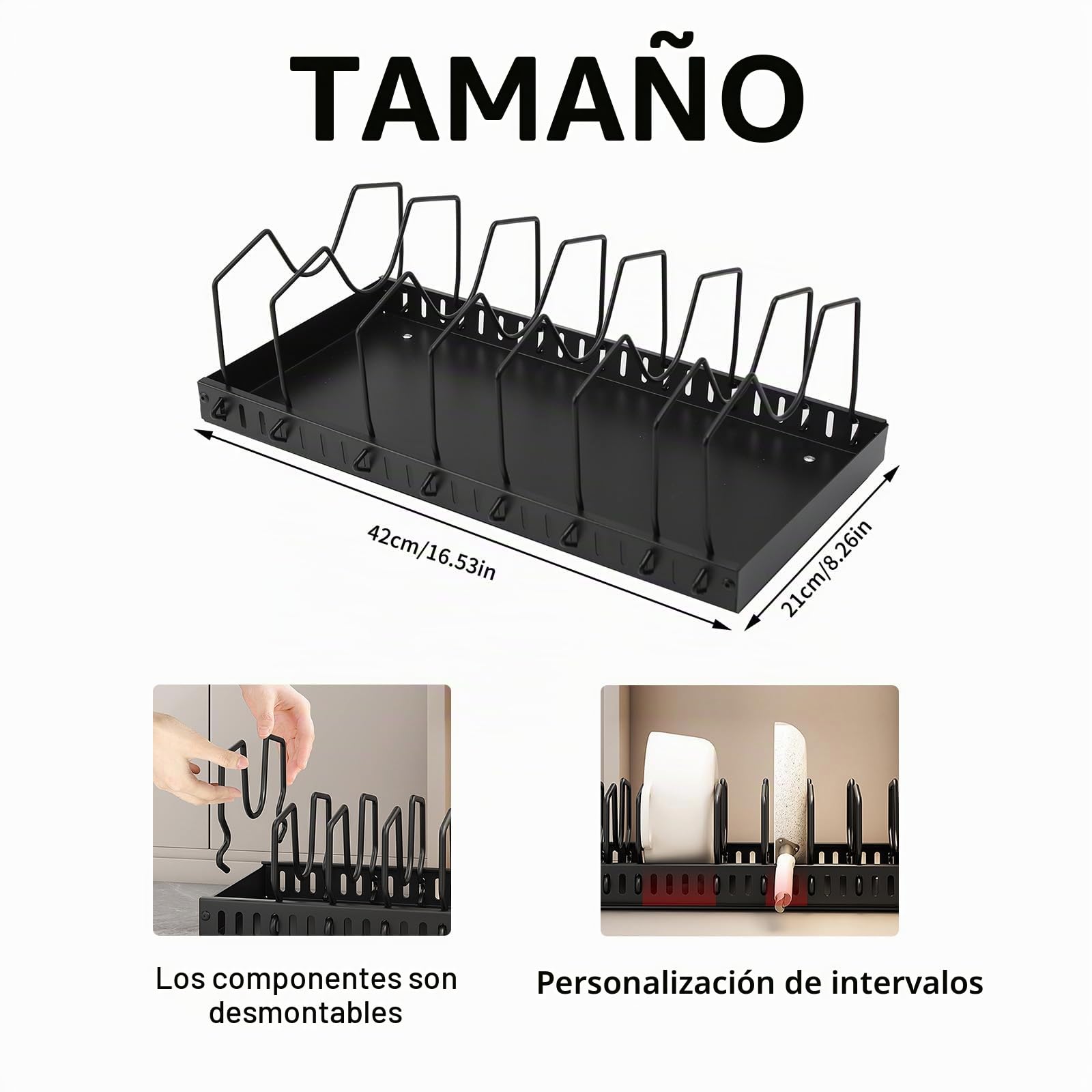Organizador de Ollas y Sartenes 2 unidades, Extensible Organizador Tapas Ollas con 8 Compartimentos Ajustable, Soporte Tapas Ollas y Sartenes para Cocina, Negro