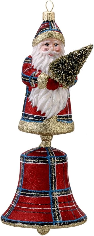 Kurt Adler David Strand Glass Plaid Santa Bell Stewart Ornament, 8.1-Inch
