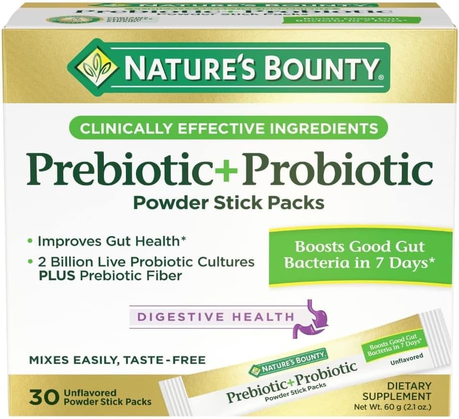 Nature's Bounty Prebiotic + Probiotic Powder Stick Packs with Bimuno, Digestive Health, Powder Sticks, Unflavored, 30 Ct : Health & Household