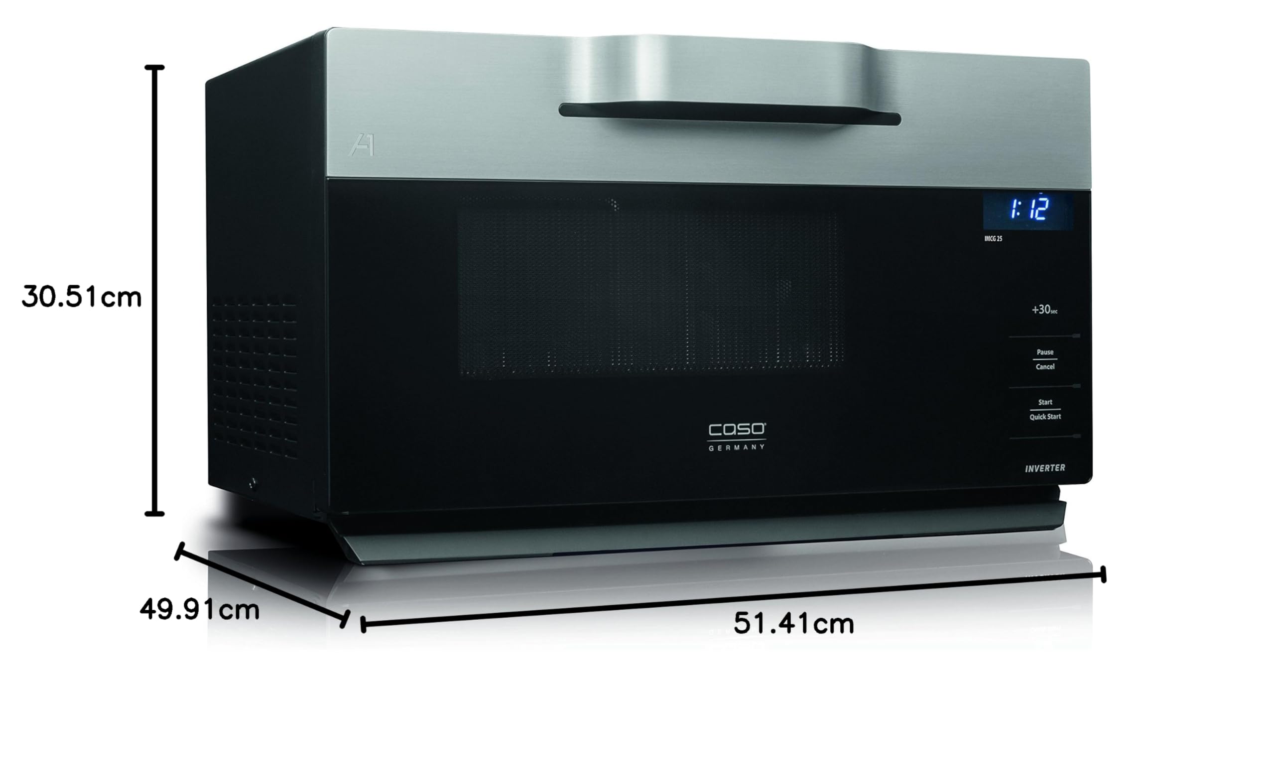 CASO | IMCG25 3-in-1 Mikrowelle mit Grill und Heißluft 2050W |Inverter-Technik für schonendes Erwärmen, Backofen-Funktion 110-200°C, 25L, Design Edelstahl, Schwarz/Silber