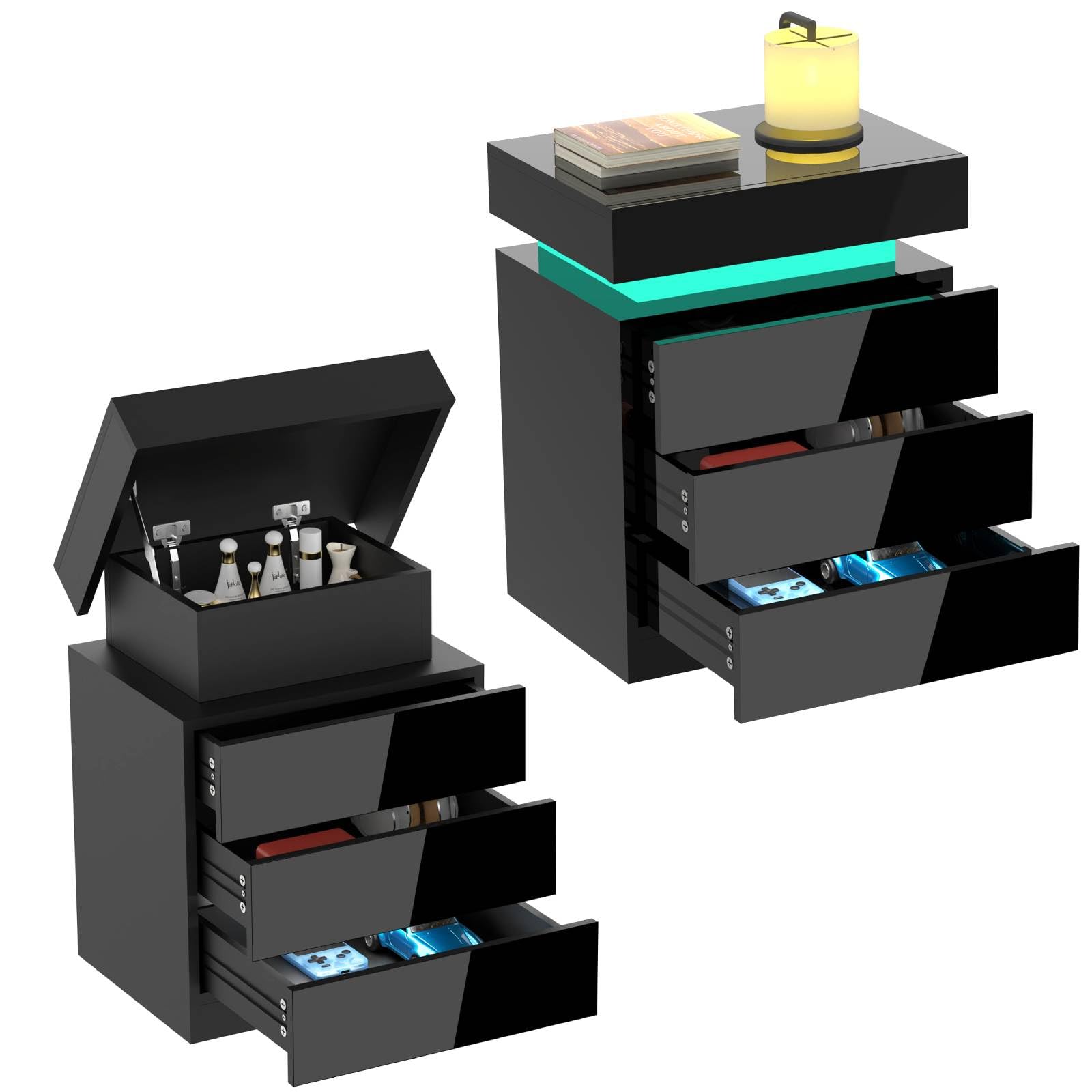Mesitas de Noche Dormitorio pack 2 Mesita de Noche Negra con Tira de Luz LED Multicolor Variable, Mesillas de Noche con 3 Cajones, Mesa de Noche Modernas, Mesa Auxiliar, Estilo Moderno, 45x35x61cm